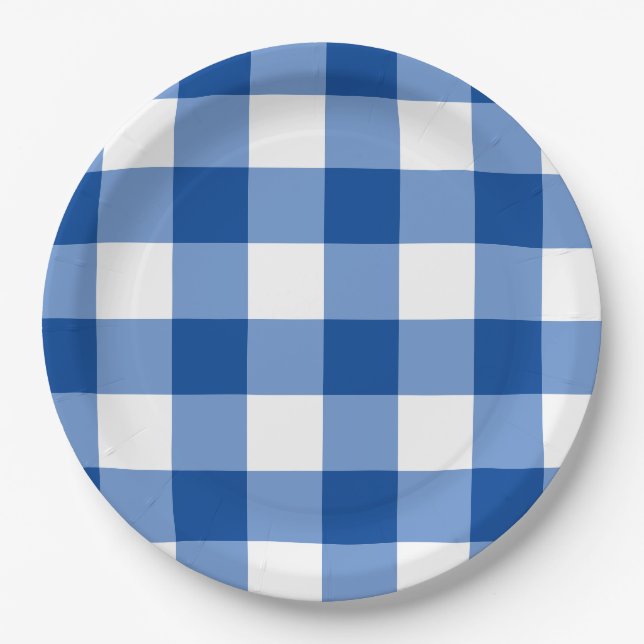 Blue gingham pattern paper plate (Front)