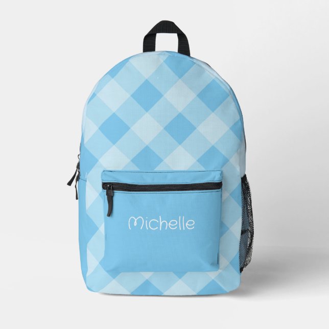 Blue Gingham Pattern Personalised Name  Printed Backpack (Front)