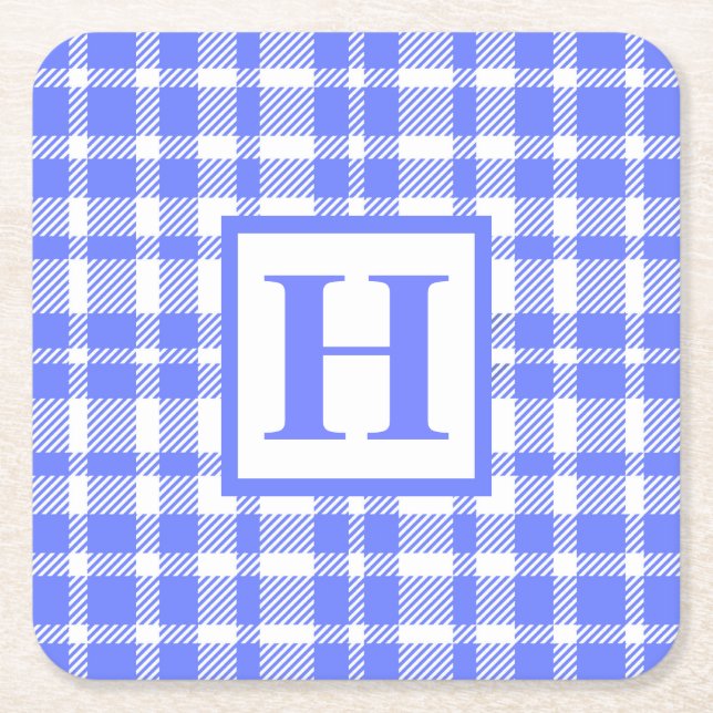 Blue Gingham Pattern Square Paper Coaster (Front)
