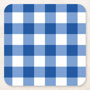 Blue gingham pattern square paper coaster