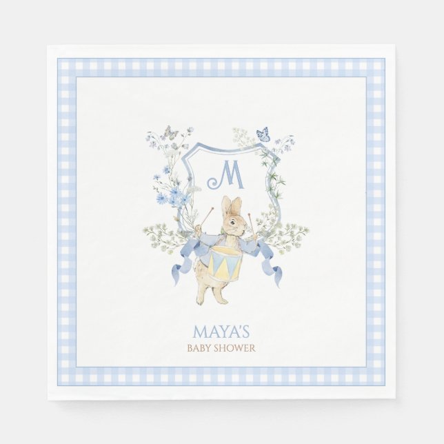 Blue Gingham Peter the Rabbit Monogram Baby Shower Napkin (Front)