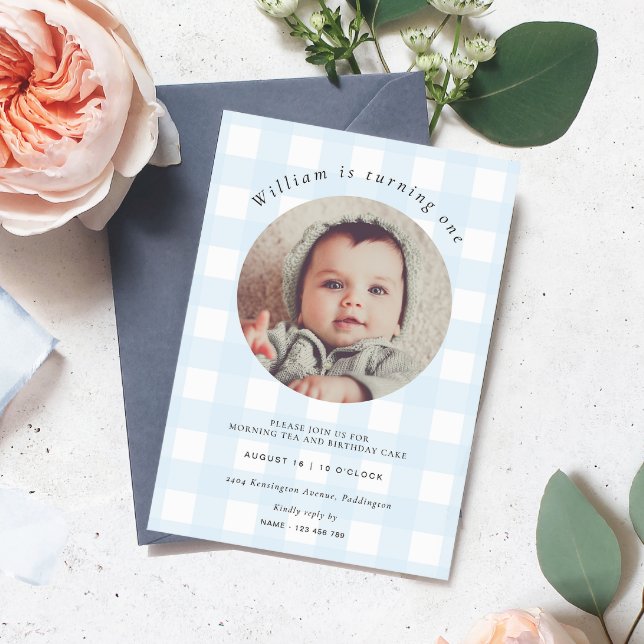 Blue Gingham Photo Birthday Invitation (Birthday Photo Invitation Blue Gingham Check)