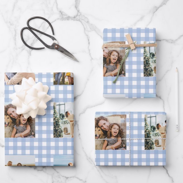 Blue Gingham Photo Collage Wrapping Paper Sheet (Front)