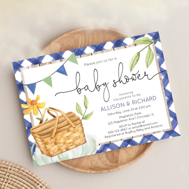 Blue gingham picnic baby shower Picnic in the park Invitation (Creator Uploaded)