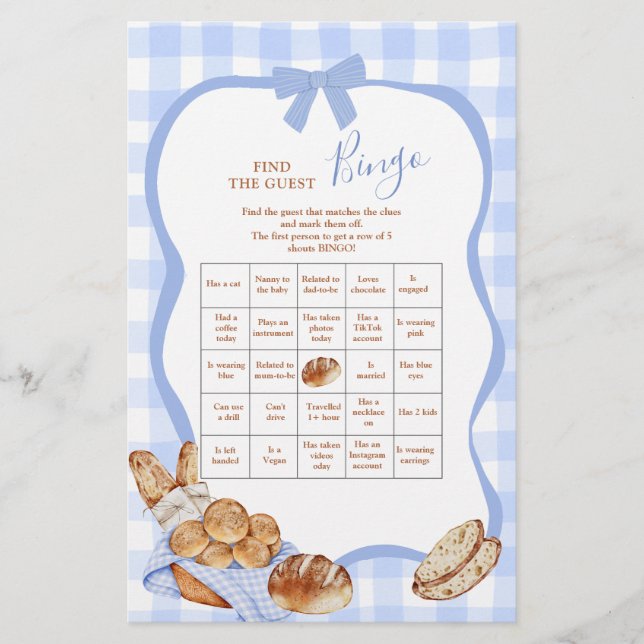 Blue Gingham Plaid Bun Find The Guest Bingo (Front)