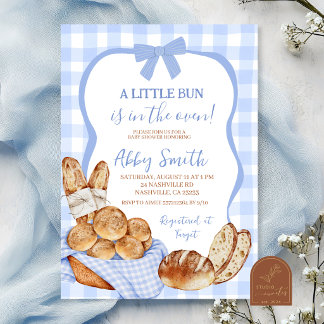 Blue Gingham Plaid Bun in the oven baby shower Invitation
