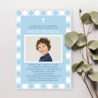 Blue Gingham Plaid First Communion Boy Photo