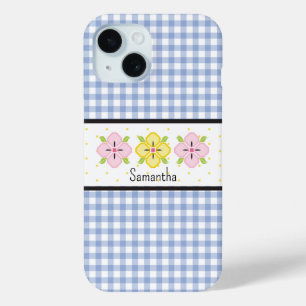 Blue Gingham Plaid Floral Monogram iPhone 15 Case