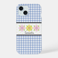 Blue Gingham Plaid Floral Monogram