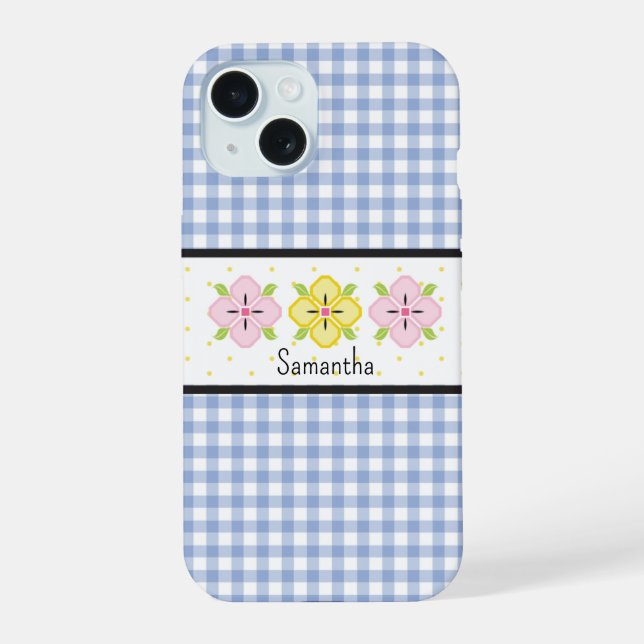 Blue Gingham Plaid Floral Monogram iPhone 15 Case (Back)