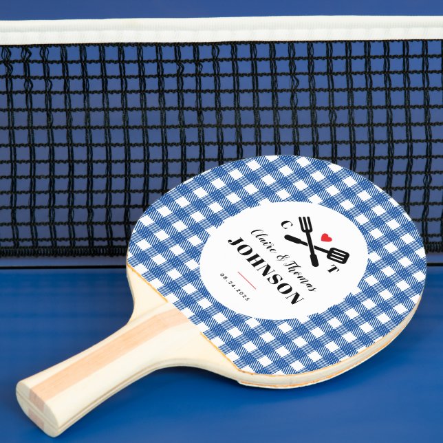 Blue Gingham Plaid Grill Monogram Wedding Ping Pong Paddle (Insitu)
