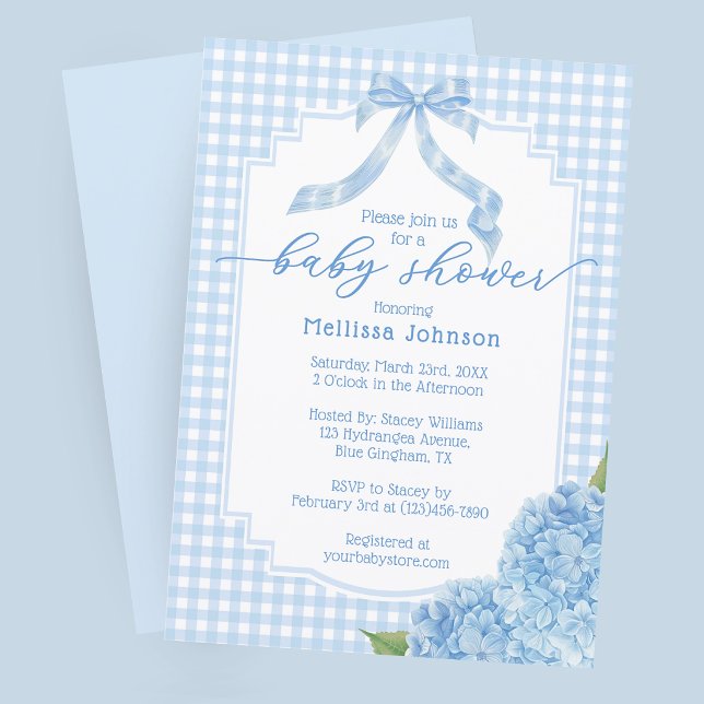 Blue Gingham Plaid Hydrangea Baby Shower Invitation (Creator Uploaded)