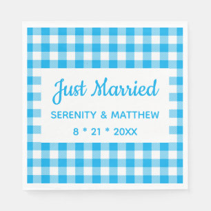 Blue Gingham Plaid Just Married Wedding Napkins