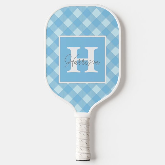 Blue Gingham Plaid Monogram and Name Personalised  Pickleball Paddle (Front)
