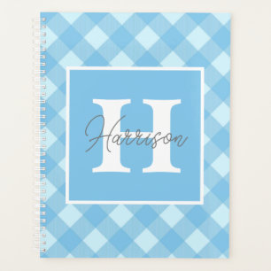 Blue Gingham Plaid Monogram and Name Personalised  Planner