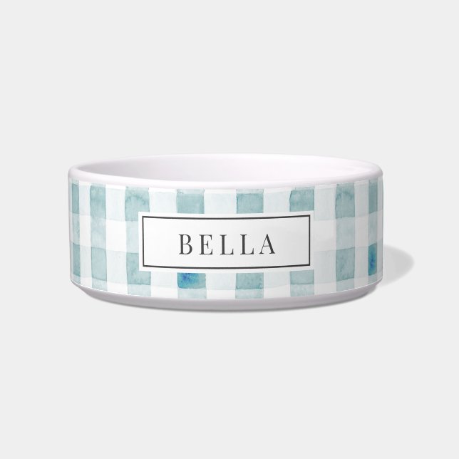 Blue Gingham Plaid Name Pet Bowl (Front)