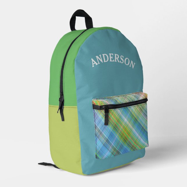 Blue Gingham Plaid Pattern Personalised Name Printed Backpack (Back Corner Left)