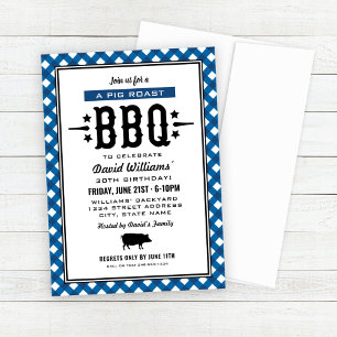 Blue Gingham Plaid Pig Roast BBQ Birthday Party Invitation