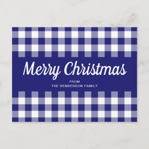 Blue Gingham Plaid Script Merry Christmas Postcard
