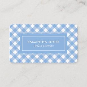 Blue Gingham Plaid Substitute Teacher Contact Info Business Card