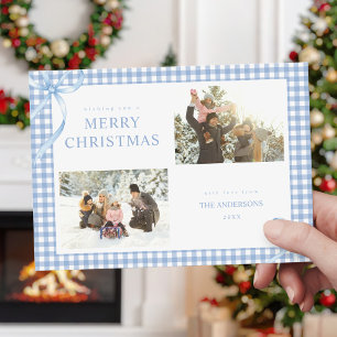 Blue Gingham Plaid Two Photo Holiday Card
