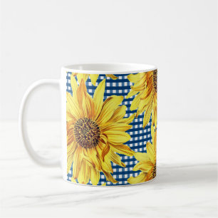 Blue Gingham Plaid with Sunflowers Coffee Mug