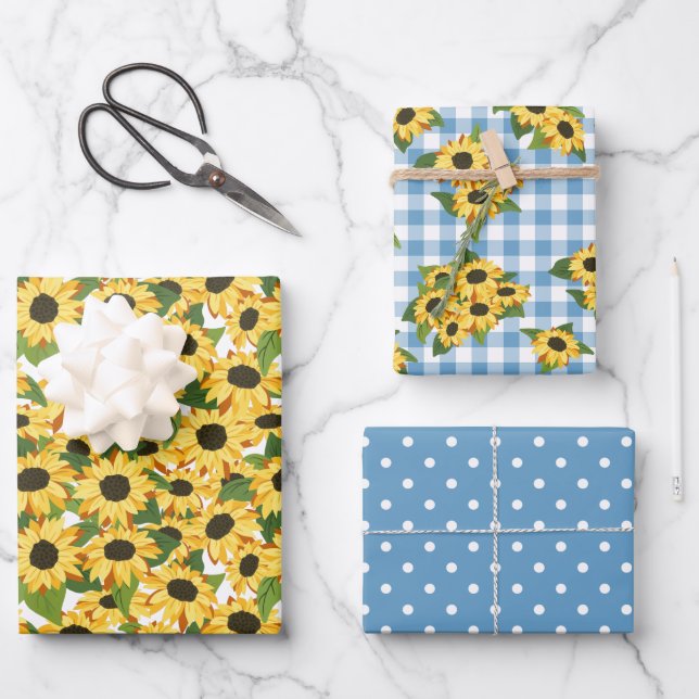 Blue Gingham Polka Dots Sunflower Floral Patterns Wrapping Paper Sheet (Front)
