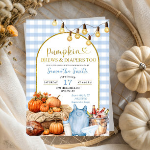 Blue Gingham Pumpkin Brews & Diapers Baby Shower Invitation