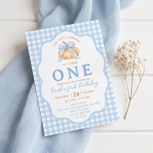 Blue Gingham Pumpkin First Birthday Invitation