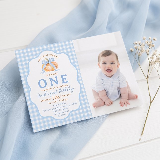 Blue Gingham Pumpkin First Birthday Invitation (Creator Uploaded)