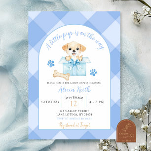 Blue Gingham Puppy Baby Shower Invitation