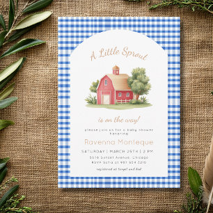 Blue Gingham Red Barn Little Sprout Baby Shower Invitation