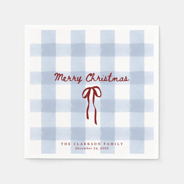 Blue Gingham RED Bow Christmas Napkins (Front)