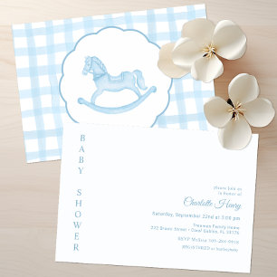 Blue Gingham Rocking Horse Baby Shower Invitation