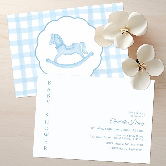 Blue Gingham Rocking Horse Baby Shower Invitation (Blue Rocking Horse Gingham Baby Shower Invitation)