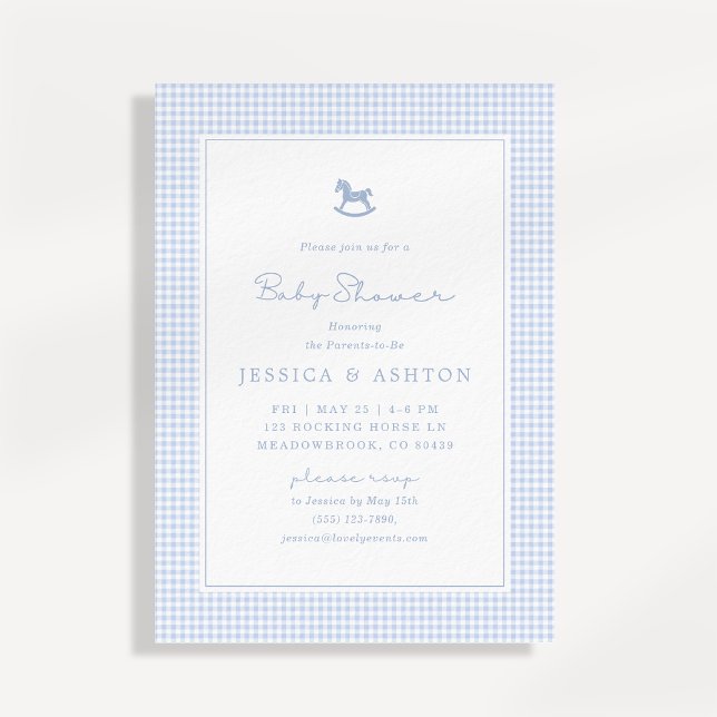 Blue Gingham, Rocking Horse, Baby Shower Invite (Creator Uploaded)