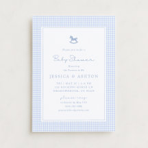 Blue Gingham, Rocking Horse, Baby Shower Invite