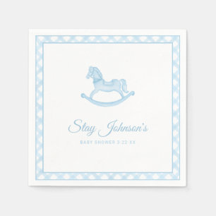 Blue Gingham Rocking Horse Baby Shower Napkins