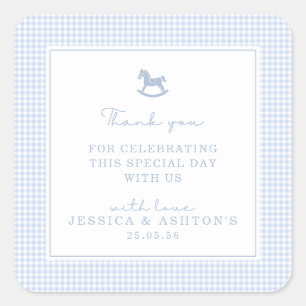Blue Gingham Rocking Horse Baby Shower Thank You Square Sticker