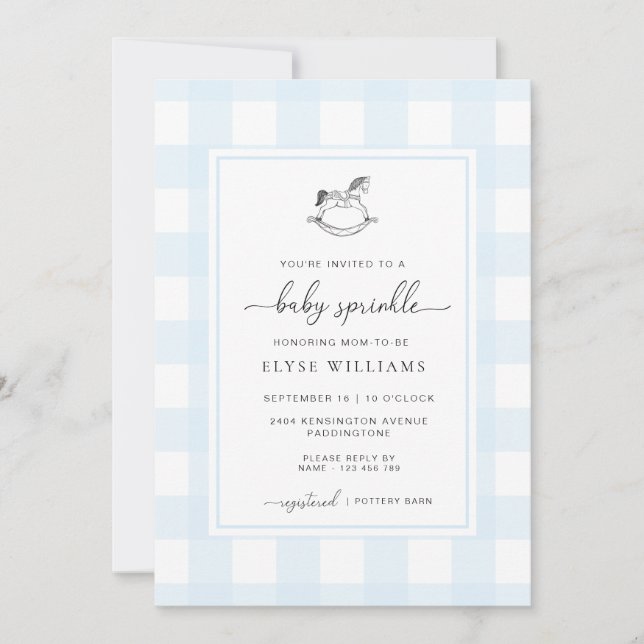 Blue Gingham Rocking Horse Baby Sprinkle Invitation (Front)