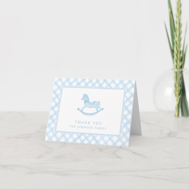 Blue Gingham Rocking Horse Baby Thank You Card (Front)