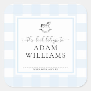 Blue Gingham Rocking Horse Bookplate Sticker