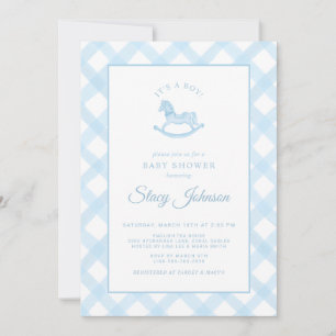 Blue Gingham Rocking Horse Boy Baby Shower Invite