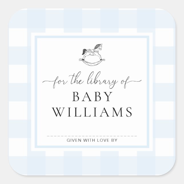 Blue Gingham Rocking Horse Library Of Bookplate Square Sticker (Front)