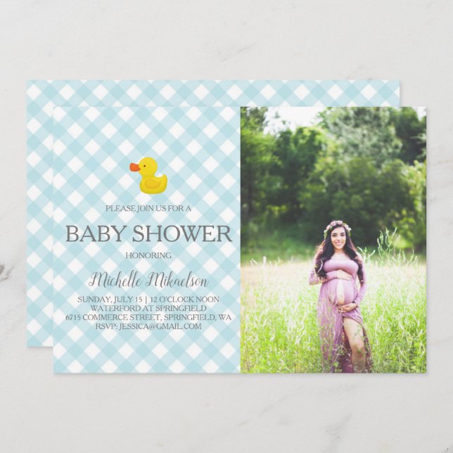 Blue Gingham Rubber Duckie Baby Shower Photo Invitation (Front/Back)