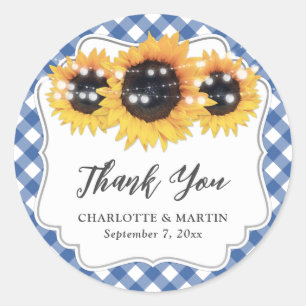 Blue Gingham Rustic Sunflower Floral Thank You Classic Round Sticker