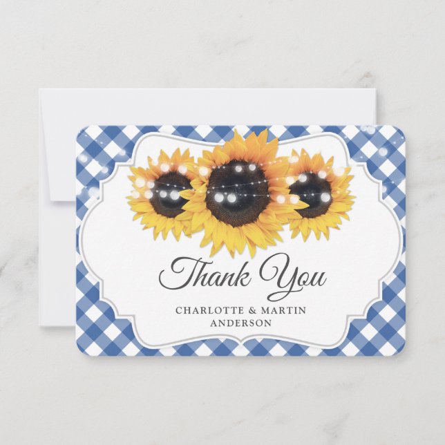 Blue Gingham Rustic Sunflower Wedding Thank You Card (Front)
