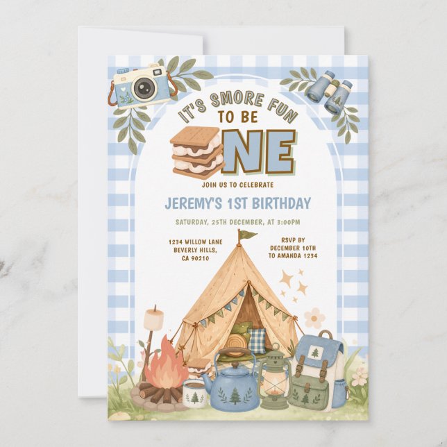 Blue gingham S’more Fun to Be One First Birthday  Invitation (Front)