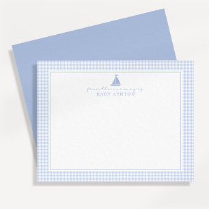 Blue Gingham Sailboat Nursery Note Card