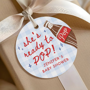 Blue Gingham She's Ready to Pop Baby Shower Favour Tags